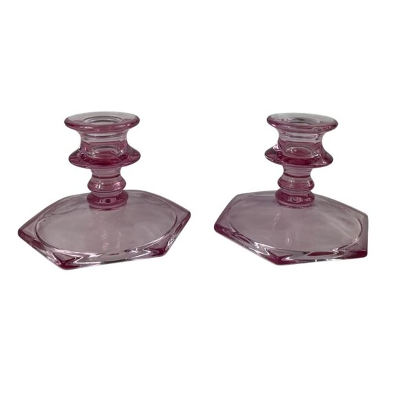 Vintage Pair of Pink Depression Glass Candle Holders - Picture 6 of 11